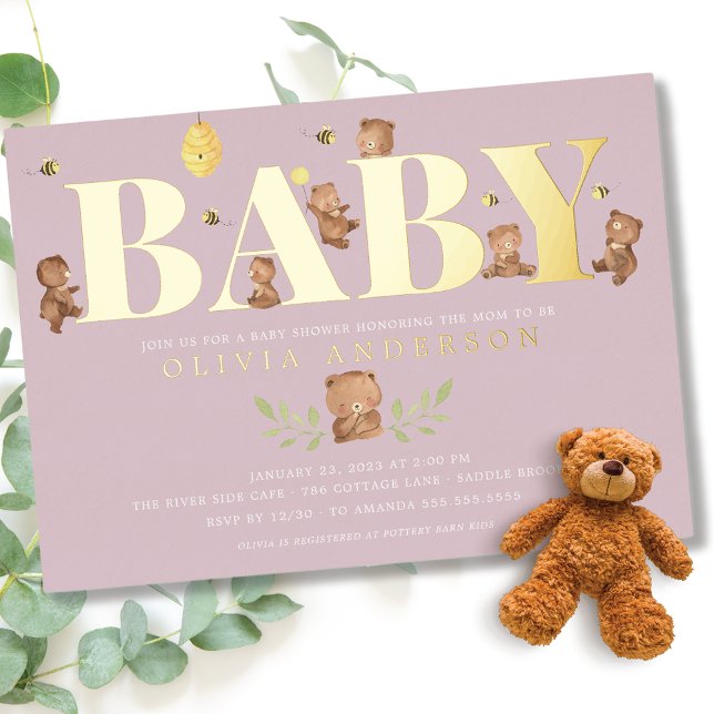 Invitación Con Relieve Metalizado Lavender Honey Bear Baby Shower (Subido por el creador)