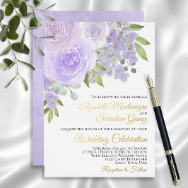 Invitación Con Relieve Metalizado Lavender Morado Acuarela Floral Elegante Boda