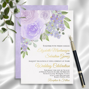 Invitación Con Relieve Metalizado Lavender Morado Acuarela Floral Elegante Boda