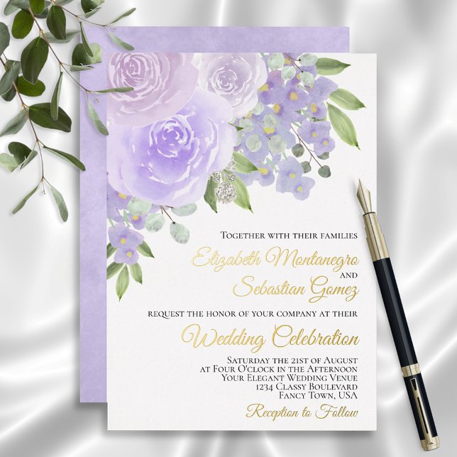 Invitación Con Relieve Metalizado Lavender Morado Acuarela Floral Elegante Boda (Subido por el creador)