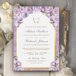 Invitación Con Relieve Metalizado Lavender morado Arco floral mariposa Boda Oro