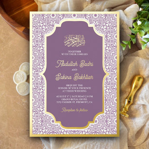 Invitación Con Relieve Metalizado Lavender Patrón árabe Boda musulmán Oro