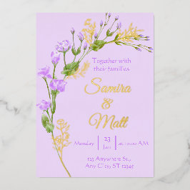 Invitación Con Relieve Metalizado Lavender Relieve metalizado plateado morado Floral