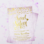 Invitación Con Relieve Metalizado Lavender Sweet 16 Gold Confetti<br><div class="desc">Haz que los 16 fiestas dulces de tu hija sean aún más dulces con nuestra invitación al Relieve metalizado de Confetti de oro de Lavender Sweet 16. Este diseño de moda presenta un borde superior de puntos de confeti, las palabras "Sweet Sixteen", un poco de corazón y su texto personalizado...</div>