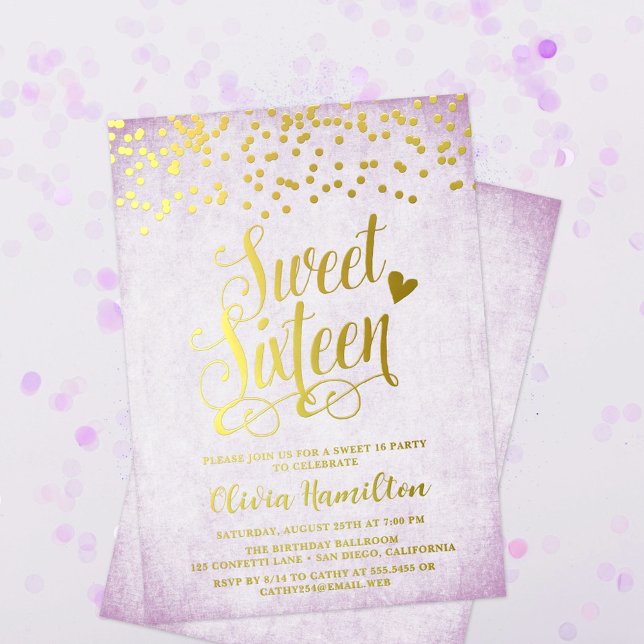 Invitación Con Relieve Metalizado Lavender Sweet 16 Gold Confetti (Subido por el creador)