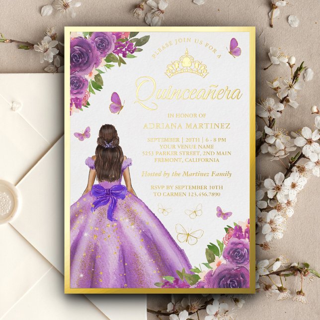Invitación Con Relieve Metalizado Lavender Vestido Floral Mariposa Quinceanera Gold (Subido por el creador)