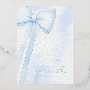 Invitación Con Relieve Metalizado lazo azul   Bautizo