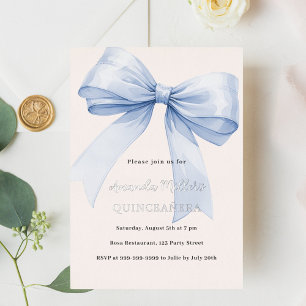 Invitación Con Relieve Metalizado Lazo azul crema elegante Quinceanera lujo plata