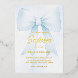 Invitación Con Relieve Metalizado lazo azul pastel grande   Bautizo
