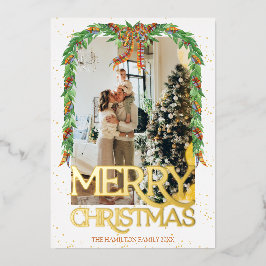 Invitación Con Relieve Metalizado Lazo Naranja a Cuadros Foto Papel de Oro Feliz Nav