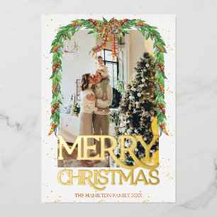 Invitación Con Relieve Metalizado Lazo Naranja a Cuadros Foto Papel de Oro Feliz Nav