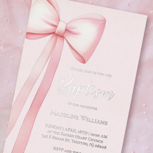 Invitación Con Relieve Metalizado lazo rosa   Bautizo