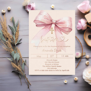 Invitación Con Relieve Metalizado Lazo rosa crema lujo Bautizo rosa oro