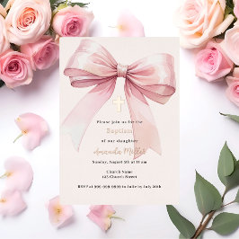 Invitación Con Relieve Metalizado Lazo rosa crema niña Bautizo rosa oro