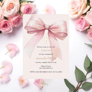Invitación Con Relieve Metalizado Lazo rosa crema niña Bautizo rosa oro
