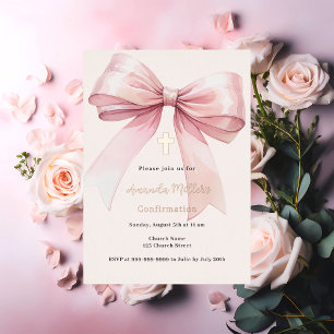 Invitación Con Relieve Metalizado Lazo rosa crema niña Confirmación