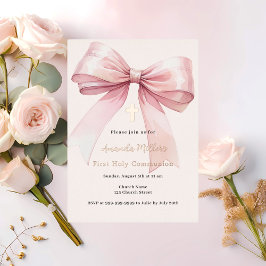 Invitación Con Relieve Metalizado Lazo rosa crema niña Primera Comunión