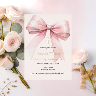 Invitación Con Relieve Metalizado Lazo rosa crema niña Primera Comunión