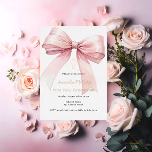 Invitación Con Relieve Metalizado Lazo rosa crema niña rosa oro Primera Comunión