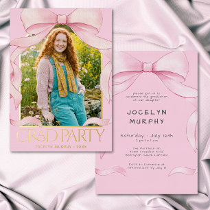 Invitación Con Relieve Metalizado Lazo Rosa de Moda para Fotos de Graduación con Hol