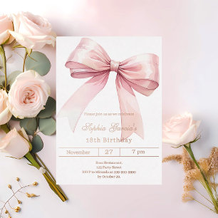 Invitación Con Relieve Metalizado Lazo rosa elegante Cumpleaños dorado rosa