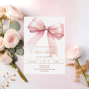 Invitación Con Relieve Metalizado Lazo rosa elegante Quinceanera dorado rosa
