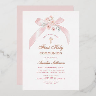 Invitación Con Relieve Metalizado Lazo rosa floral Primera Comunión