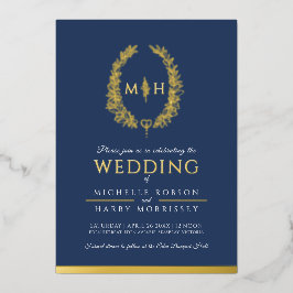 Invitación Con Relieve Metalizado Leaf línea de arte ovalada boda foto oro azul oscu
