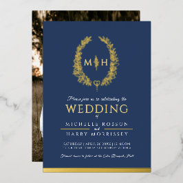 Invitación Con Relieve Metalizado Leaf línea de arte ovalada boda foto oro azul oscu