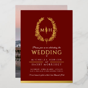 Invitación Con Relieve Metalizado Leaf línea ovalada arte boda foto oro rojo burdeos
