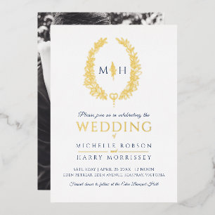 Invitación Con Relieve Metalizado Leaf línea ovalada boda color azul marino blanco