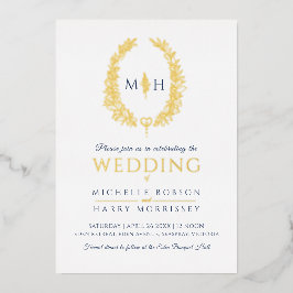 Invitación Con Relieve Metalizado Leaf línea ovalada boda color azul marino blanco