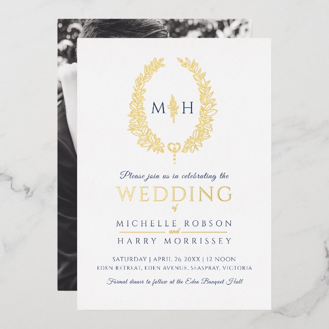 Invitación Con Relieve Metalizado Leaf línea ovalada boda color azul marino blanco (Anverso/Reverso)