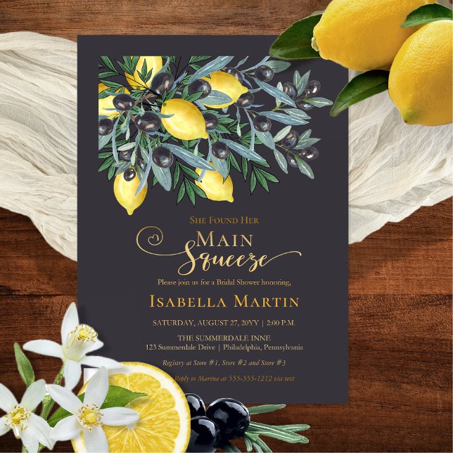 Invitación Con Relieve Metalizado Lemones de apresión principal | Ducha de novias co (Main Squeeze Lemons | Black Olives Bridal Shower Dark Blue | Gold Foil Invitation)