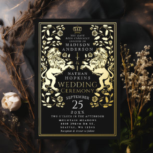 Invitación Con Relieve Metalizado León Real Negro Medieval Boda