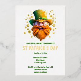 Invitación Con Relieve Metalizado Leprechaun Relieve metalizado dorado Cara de elfo 