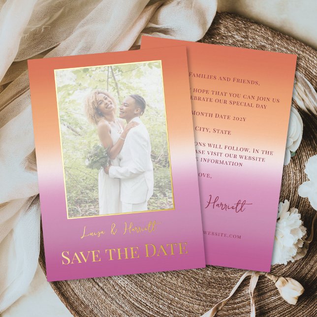 Invitación Con Relieve Metalizado Lesbian Wedding Photo Pride Flag Gradient Gold (Subido por el creador)