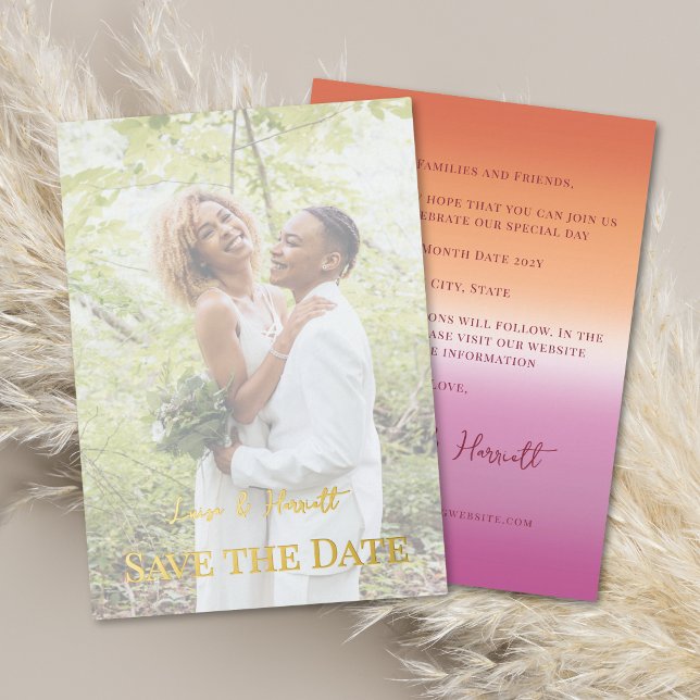 Invitación Con Relieve Metalizado Lesbian Wedding Photo Pride Flag Gradient Gold (Subido por el creador)