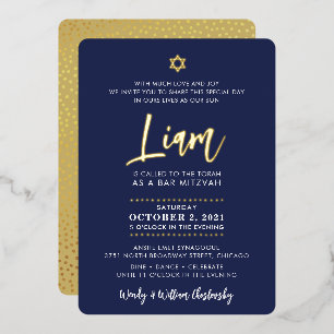 Invitación Con Relieve Metalizado letra de guión de BAR MITZVAH dorada azul marino