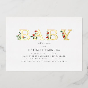 Invitación Con Relieve Metalizado Letras Botánicas Amapolas Shower para Bebé Dorado
