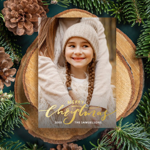 Invitación Con Relieve Metalizado Letras de Feliz Navidad 2 Fotos Dorado