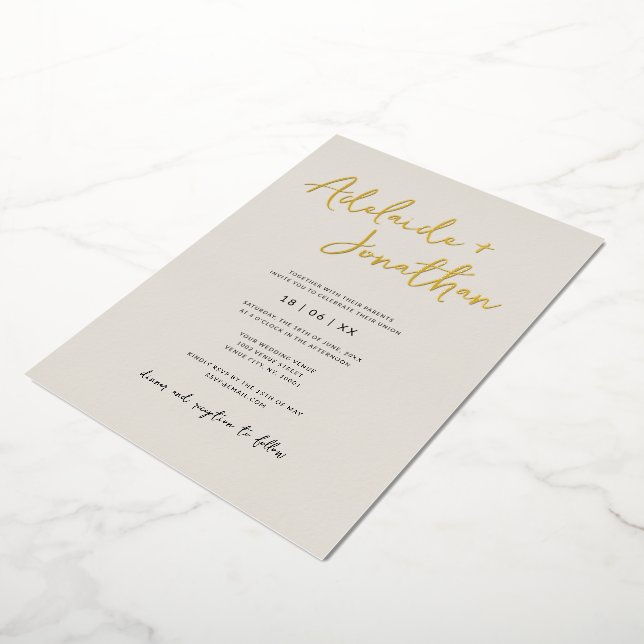 Invitación Con Relieve Metalizado Letras de oro simples de marfil Boda (girado)