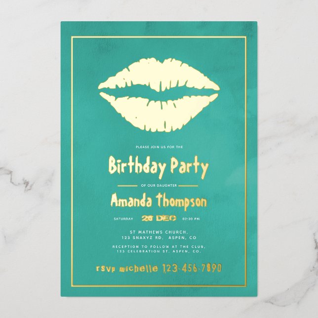 Invitación Con Relieve Metalizado Levantamientos de besos de cumpleaños turquesa y d (Anverso)