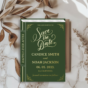 Invitación Con Relieve Metalizado Libro de Cuentos de Hadas Cubierta Verde Boda Save