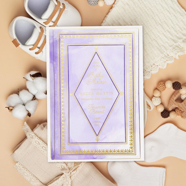 Invitación Con Relieve Metalizado Libro romántico de antigüedades Purple Baby Shower (Subido por el creador)