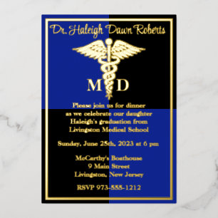 Invitación Con Relieve Metalizado Licenciatura en Medicina, Azul/Negro