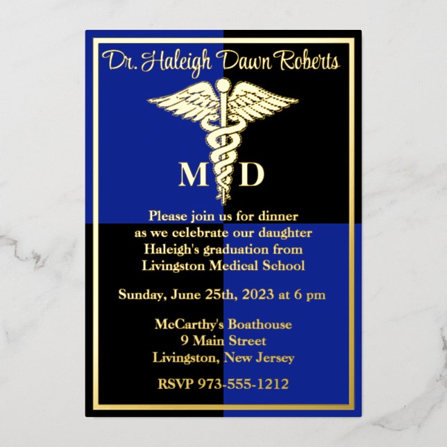 Invitación Con Relieve Metalizado Licenciatura en Medicina, Azul/Negro (Anverso)