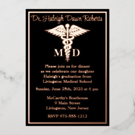 Invitación Con Relieve Metalizado Licenciatura en Medicina de Caduceus Oro Negro/Ros