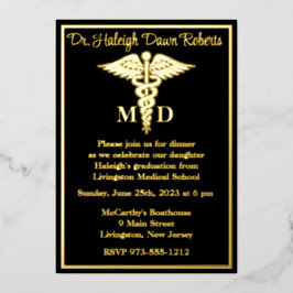 Invitación Con Relieve Metalizado Licenciatura en Medicina, Negro/Oro