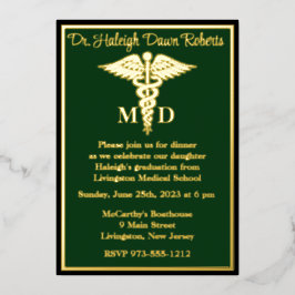 Invitación Con Relieve Metalizado Licenciatura en Medicina, Verde/Oro